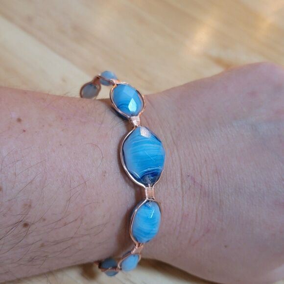 Handmade Baby Blue Glass Bead Copper Wire Bracelet (Upcycled Beads) - Picture 2 of 8